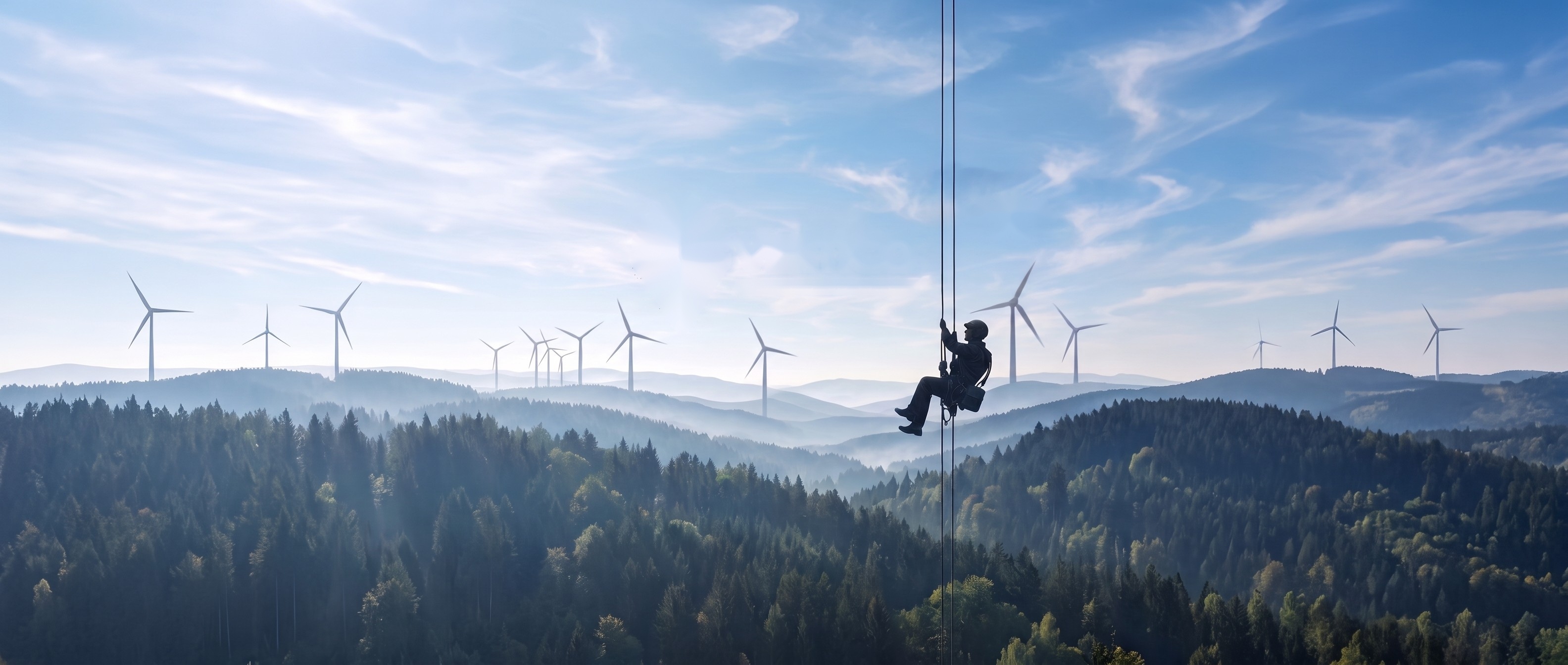 Seilzugangstechniker bei der Arbeit an einer Windkraftanlage vor Hügellandschaft mit Windrädern
